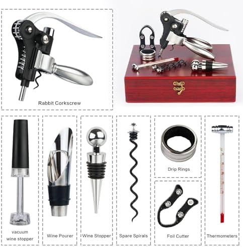 Valentines Day Gifts, 9 PCS Corkscrew Wine Opener Set, Stainless Steel Cork Screw Rabbit Wine Bottle Opener Kit Including Foil Cutter, Pourer, Vacuum Wine Stopper Corkscrews etc