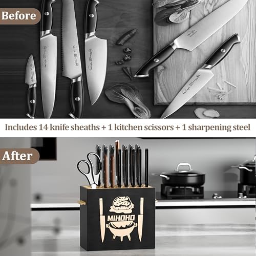 Wood Universal Knife Block with Slots, Wood Knife Holder/Knife Organizer, Unique Knife Storage for Counter Top with Anti-Slip Base (Black D)