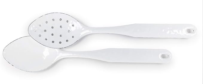 Golden Rabbit Enamelware 2-piece Spoon Set, Slotted and Regular, Solid White Textured