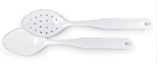 Golden Rabbit Enamelware 2-piece Spoon Set, Slotted and Regular, Solid White Textured