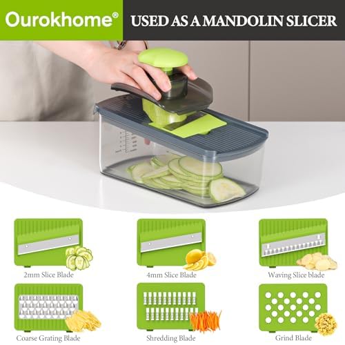 Ourokhome 10 in 1 Mandolin Slicer with Handheld Spiralizer, Multifunctional Vegetable Shredder Vegetable Chopper Onion Cutter with Container, Multifunctional Food Chopper Veggie Dicer with 2 Blades