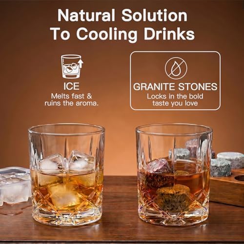 JOVGANK Granite Whiskey Stones Set of 6 with Wood Tray - Reusable Whisky Chilling Rocks for Scotch, Bourbon, Cocktails - Cool Drinks Without Dilution, Perfect Bar Accessories & Gift for Men