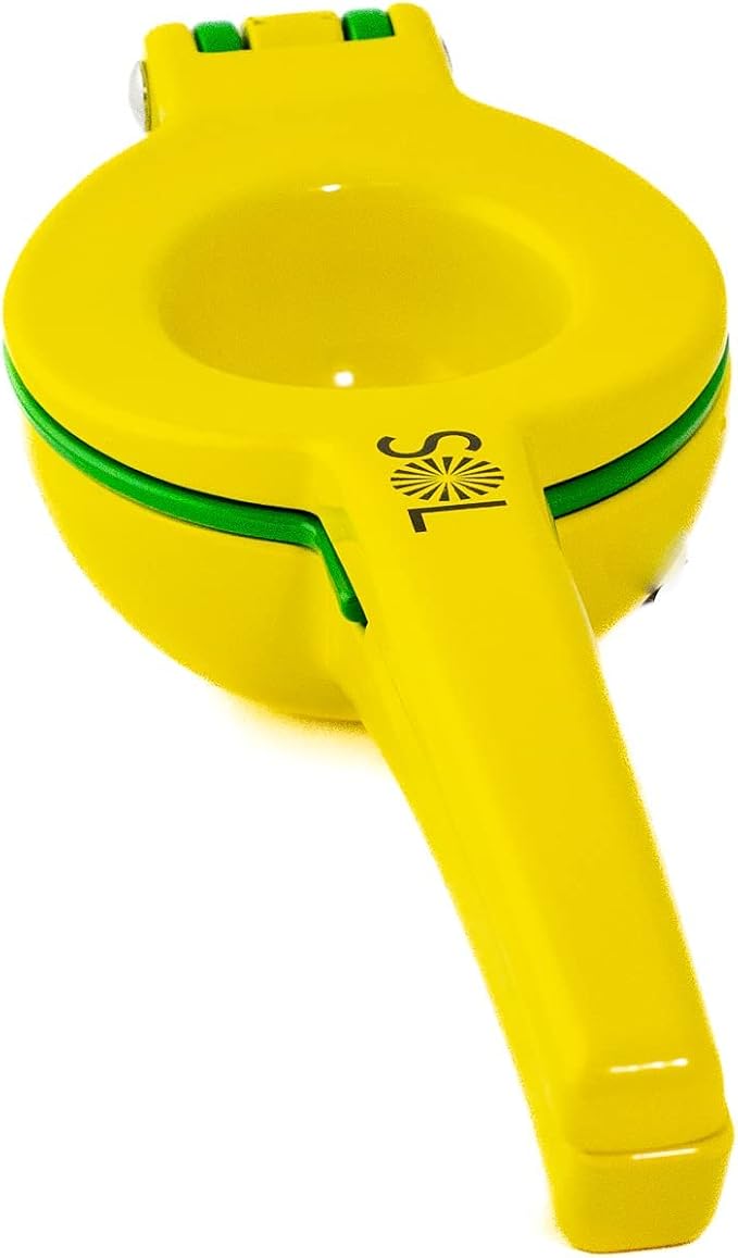 SOL - Metal Juice Press 2-in-1 Lemon Lime Squeezer Press – Manual Squeezer, Max Extraction Manual Citrus Juicer, Resistant to Moisture, Non-Slip Handle - Yellow, Green