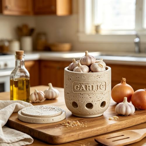 Polytree Handmade Beige Travertine-Look Garlic Keeper with Lid – Farmhouse Kitchen Countertop Garlic Storage Container for Fresh Garlic Cloves, Rustic Garlic Saver for Gift