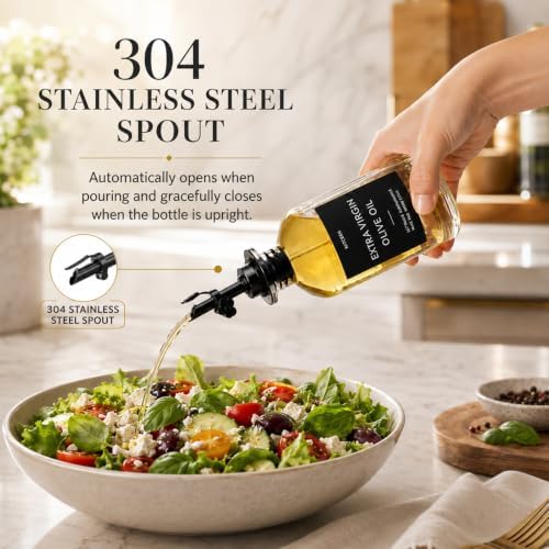Olive Oil Dispenser for Kitchen, 2-Pack 12oz Glass Bottle with Labels