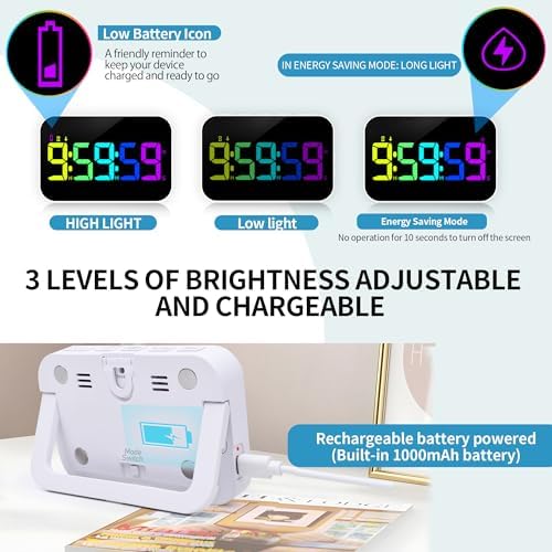 Kitchen Digital RGB Timer, Count Down Up, Rechargeable, Vibration Mode Adjustable Volume and Brightness LED Display, Time Management Cook, Desk, Kids Adults Study Teaching, Kitchen Gadgets