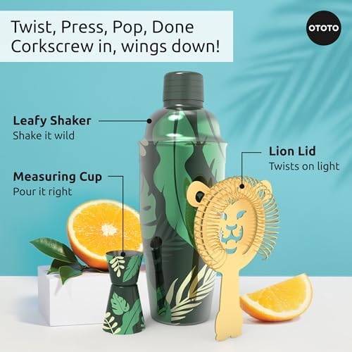 NEW OTOTO Cocktail Shaker Set - Bartender Kit with Lion Cap, Bar Cart, Bar Accessories, Drink Shaker, Cocktail Shaker with Strainer, Unique Gift Set, Kitchen Set, Kitchen Gadgets (Sip Safari)