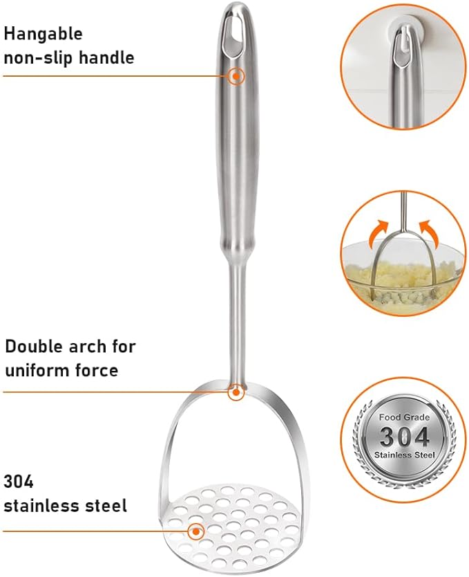Brigii Potato Masher, Dual-Arc Stainless Steel Potato Press with Non-Slip Handle, 37-Hole One-Piece Masher for Smooth, Lump-Free Mashing, Dishwasher Safe