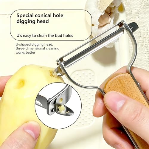 Large Y Veg Peeler, Wide Serrated Stainless Steel Blade Wood Handle