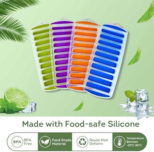 Lily's Home Set of 4 Silicone Ice Cube Tray without Lid, BPA-Free, Ideal for Water Bottles &Sports Bottles,Stackable Design for Quick Release, Skinny Ice Cube Trays for Freezer(11.81"x4.61"x0.75")