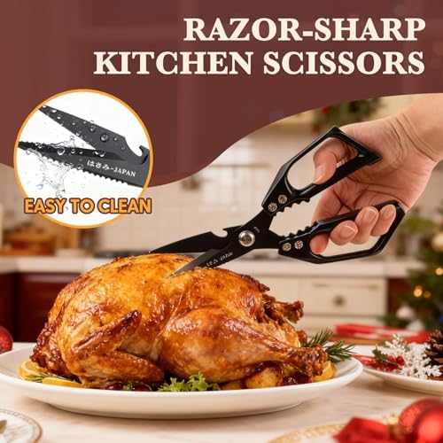 Kitchen Scissors, Heavy Duty Stainless Steel Kitchen Shears, Sharp Black Meat Scissor, All-Purpose Poultry Scissors, Japanese-Style Cooking Shears for Turkey, Chicken, Thanksgiving, Christmas