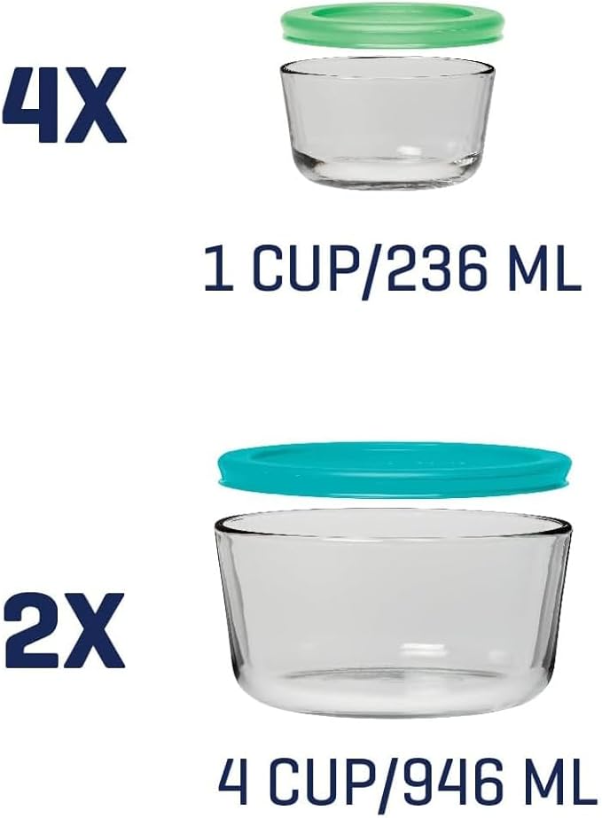 Anchor Hocking 12 Piece Glass Storage Containers with Lids (6 Glass Food Storage Containers & 6 Mixed Blue SnugFit Lids)