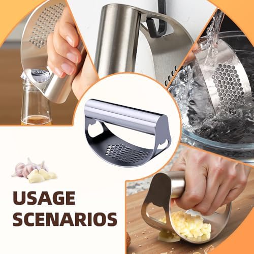 Stainless Steel Garlic Press, 2025 Upgrade Heavy Duty Garlic Mincer Crusher Tool with Peeler Cleaning Brush for Home Kitchen Cooking (2)