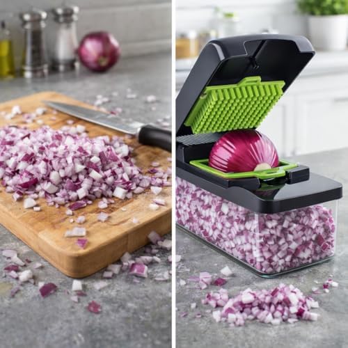 14-in-1 Vegetable Chopper with Container – Onion Chopper, Dicer, Slicer & Grater, Food Chopper with Stainless Steel Blades, BPA-Free, Easy Clean, Green