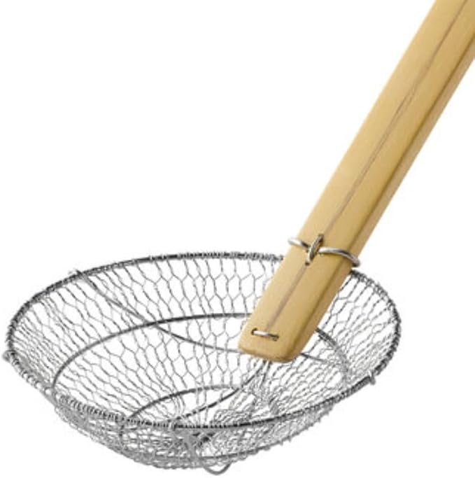 TrueCraftware- 6” Fine Mesh Skimmer Galvanized Steel with Natural Bamboo Handle- Spider Strainer Ladle Kitchen Frying Food Pasta Spaghetti for Cooking and Frying Pasta Strainer Spoon