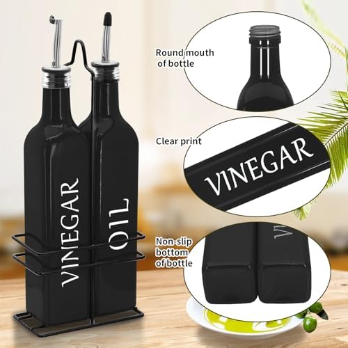 Farmhouse Oil and Vinegar Dispenser Set, 17 oz, beautiful olive oil dispenser, includes a black steel rack and a funnel, vintage cruets for vinegar and oil (Black)