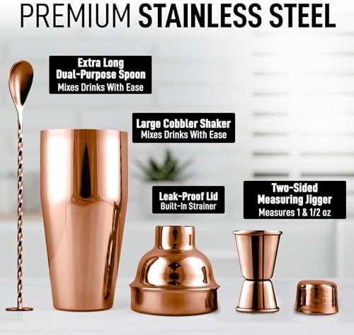 Zulay Cocktail Shaker Set - Stainless Steel Mixed Drink Shaker - Martini Shaker Set with Build in Strainer, Double Sided Jigger & Muddler Combo Mixing Spoon - Pro Margarita Shaker - Large 24oz