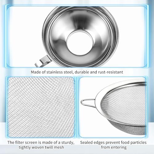 4 Pieces Stainless Steel Funnels with Fine Mesh Strainer