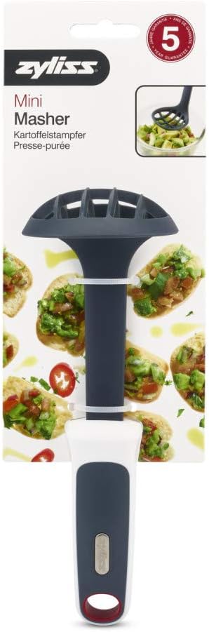 Zyliss Mini Masher & Scoop, 7.5" – Gray/White Handheld Miniature Potato Masher for Baby Food & Guacamole, Ergonomic Non‑Slip Handle, Compact Head Fits Small Bowls, Hanging Loop Kitchen Tool