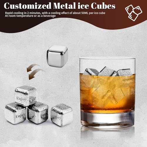 Whiskey Stones Gift Set Custom Engraved Stainless Steel Whiskey Ice Stone Personalized Whiskey Stones Gift Set Reusable Stainless Steel Chilling Rocks, for Mens Dad Husband Gift (4 PC)
