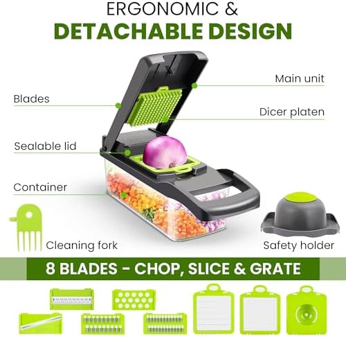 Mr. CHOP CRAFT-Vegetable Chopper, Pro 15 in 1 Multifunctional Kitchen Chopper, Fruit and Veggie Chopper, Light Green Vegetable Slicer Dicer Cutter, Mandoliner Slicer, Salad, Garlic Chopper, Standard