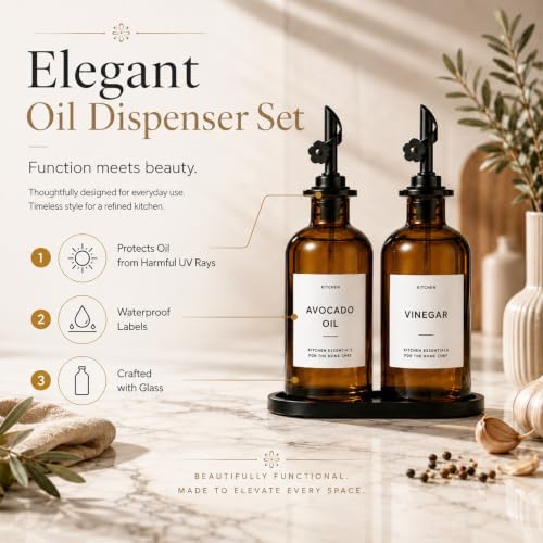 Olive Oil Dispenser for Kitchen, 2-Pack 12oz Glass Bottle with White Labels