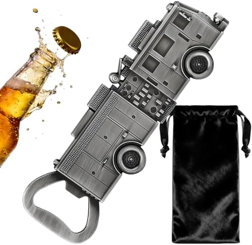 Zinc Alloy Fire Truck Bottle Opener - No Ladder Version, Beer Bottle Opener with Gift Bag, Creative Bar Accessories, Man Cave Decor, Bottle Opener Set Gift for Men Women Firefighters, Silver