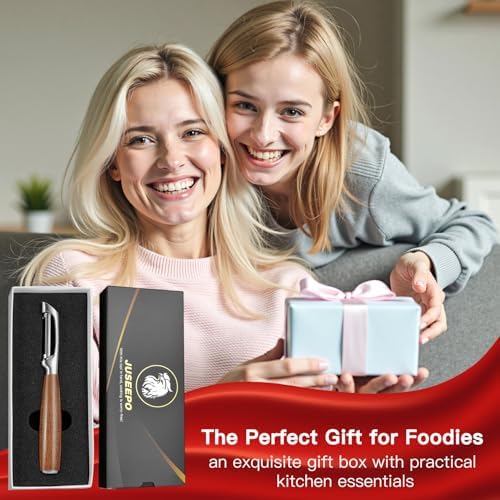 JUSEEPO Premium Vegetable Peeler, I Type Swivel 304 Stainless Steel Blade Comfortable Solid Wood Handle, Practical Gift for Restaurant Baking Chef Woman for Veggie, Fruit, Potato(Merbau)