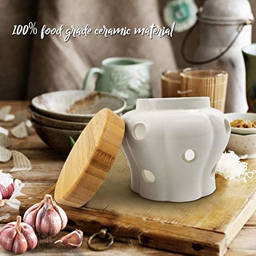 Ceramic Garlic Keeper with Bamboo Lid, 550 ml Vented White Stoneware Storage Container for Garlic, Ginger and Shallots, Countertop Kitchen Organizer