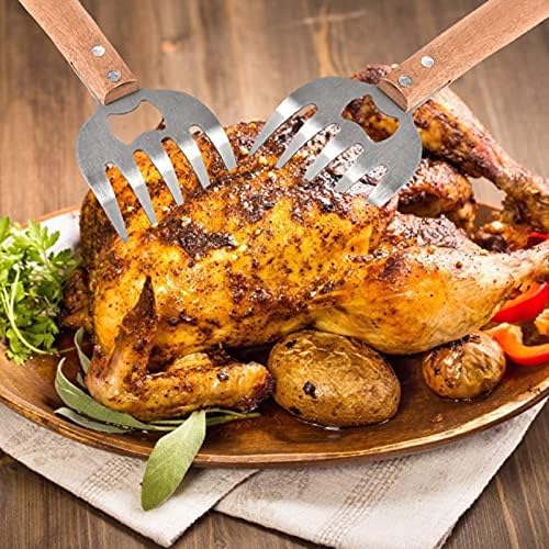 Meat Shredding Claws Stainless Steel BBQ Shredder Claws Fork Meat Shredder Splitter with Long Wooden Handle Bottle Opener for Pork Chicken Beef