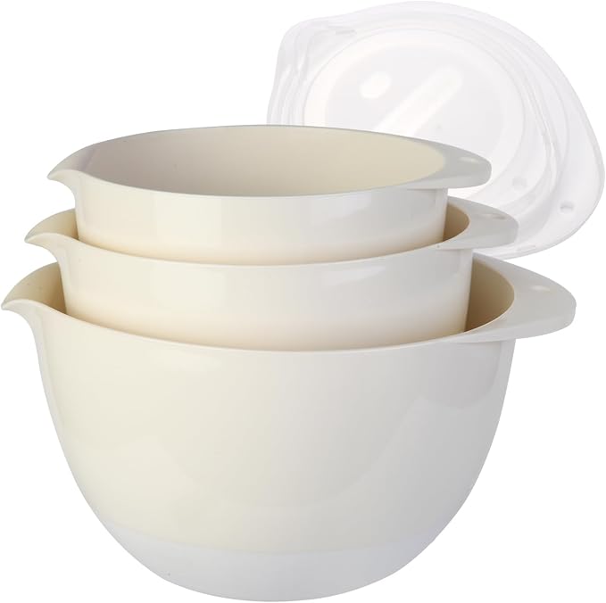 3 Small Plastic Mixing Bowls with Pour Spout,Lids and TPR Non-Slip Bottom,Nesting Batter Bowl Set for Kitchen Prep,Baking,Storage,BPA Free,Easy to Grip,1.5Qt,2Qt,3Qt,White