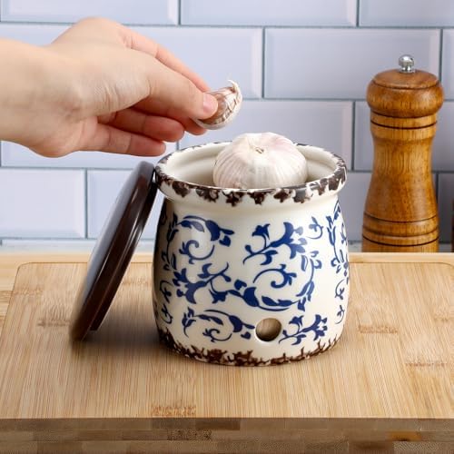 Honeydak Blue and White Porcelain Garlic Keeper with Lid 4.2" x 4" Ceramic Garlic Container for Counter Storage Countertop Holder Breathable Design for Chili Ginger Modern Farmhouse Home Kitchen Decor