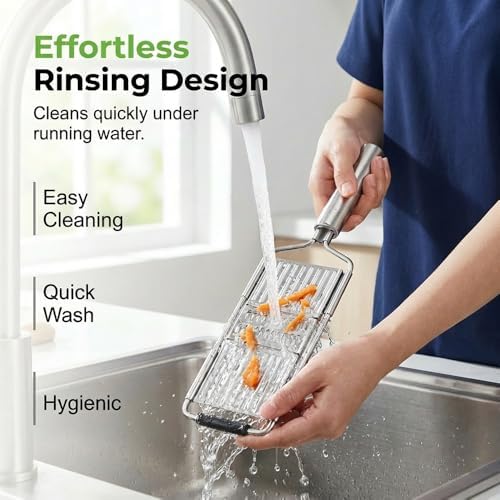 4-in-1 Vegetable Slicer, Handheld Mandoline Cutter with Stainless Steel Guard, Adjustable Thickness Onion Slicer, Sharp Veggie Shredder for Kitchen Fruit Cutting, Silver