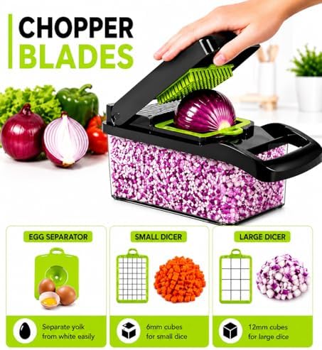 16-in-1 Vegetable Chopper with Container, 8-Blade Food Chopper, Onion Chopper, Veggie Cutter & Mandoline Slicer, BPA-Free Kitchen Gadget