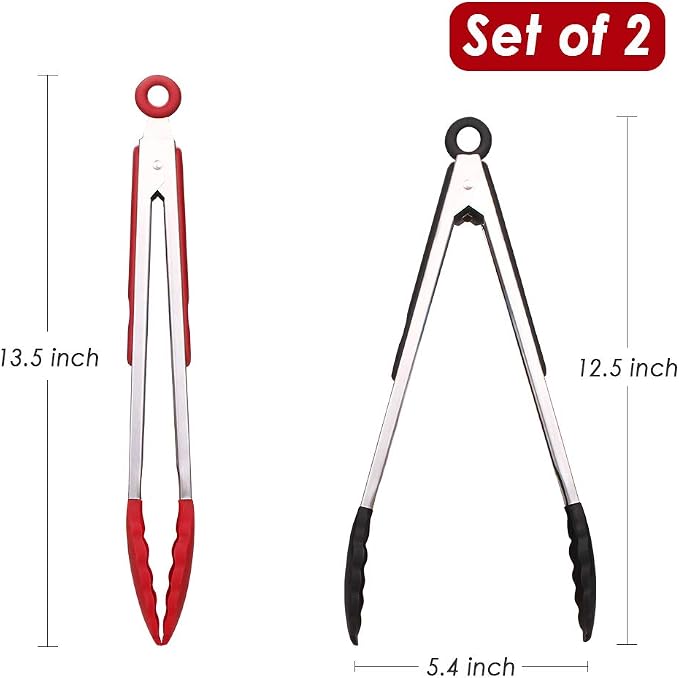 Webake Kitchen Tongs Set of 2 Silicone Tongs in Pinch Test Grade, 12 Inch Salad Tongs Cooking Tongs with Silicone Tips IP Accessories, Metal Tongs for Cooking, Grilling, BBQ and Serving - Black & Red
