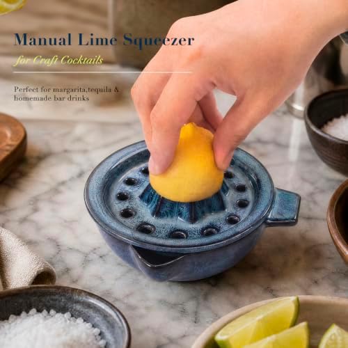 Lemon Orange Grapefruit Juicer Manual Squeezer Ceramic Hand Juicer Reamer Rotation Press with Strainer＆ 5oz Bowl, Pour Spout, Handle, Dishwasher Safe,Ocean Blue