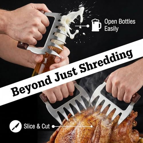 Meat Shredder Claws Set of 2 – Heavy Duty Stainless Steel with Wood Handle for Pulled Pork, Chicken & Brisket, BBQ Bear Claws with Cutting Edge & Bottle Opener – Dishwasher Safe, Ergonomic Grip