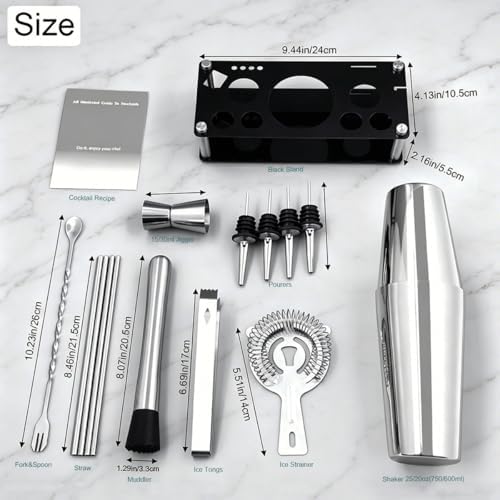 Professional Cocktail Shaker Set with Stand Cocktail Recipes, 15-Piece 750/600ml Bartender Kit, Bar Sets Bartending Kit Bar Tool Set 25/20oz Boston Shakers, Jigger, Muddler (Silver)