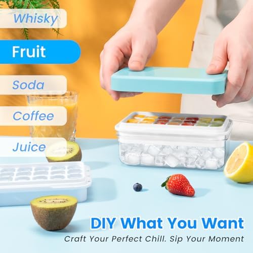 PHINOX Ice Cube Tray with Lid and Bin, Easy Release 28 Cubes for Freezer