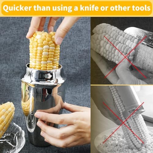 Newness Corn Stripper Peeler & Cutter with Cup, 304 Stainless Steel Cob Thresher, Off-Cob Kernel Remover & Slicer with Serrated Blade for Home & Kitchen