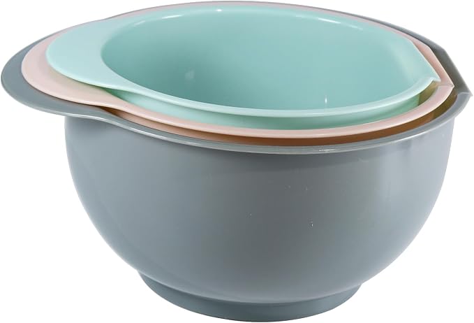 Nesting Plastic Mixing Bowls, Set Of 3, 1.5 quart, 2 quart, 2.5quart, Nesting Bowls with Non Slip Base and Easy Pour Spout, Dishwasher Safe (Green Pink Grey)