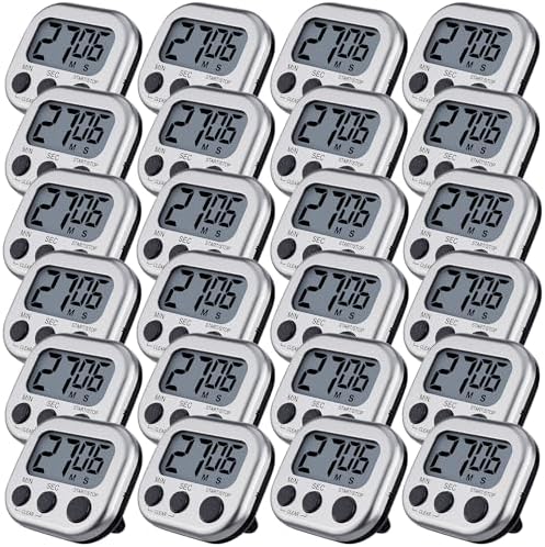 Leumoi 24 Pack Multi-Function Digital Timers with Magnetic Back, Large LCD Display, Loud Alarm, Count up & Countdown, Memory Function for Cooking, Classroom, Study, Exercise & Work(Sliver and Black)