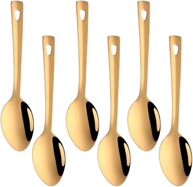 6 Pcs Gold Small Serving Spoon, Stainless Steel Titanium Plated Serving Spoons Set Mirror Finish for Elegant Buffet Banquet Party Holiday Dinner serving, Dishwasher Safe(9.7 inches/24.6cm)