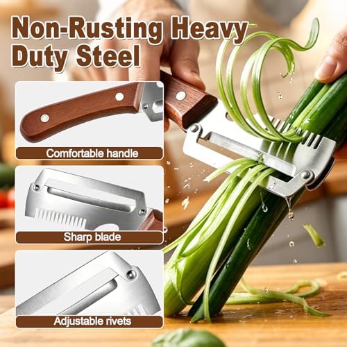 Vegetable Peeler with Wooden Handle, 2 Pack Julienne Peeler and Slicer, 3-in-1 Multifunctional Peelers for Kitchen, Stainless Steel Blade Shredder Tool for Potato, Carrot and Fruit