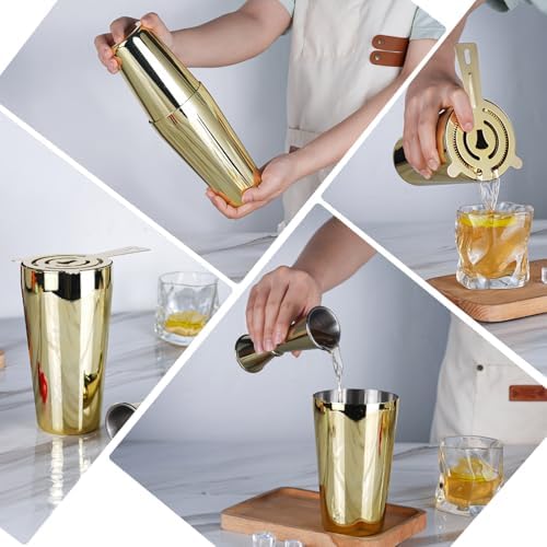 JNWINOG Cocktail Shaker Set 4-Piece Boston Shaker Kit with 20oz/25oz Shaker,Strainerand 0.5/1oz Double JiggerBar Set for Home Drink Mixer Bartendiing (Gold, 20oz/25oz)