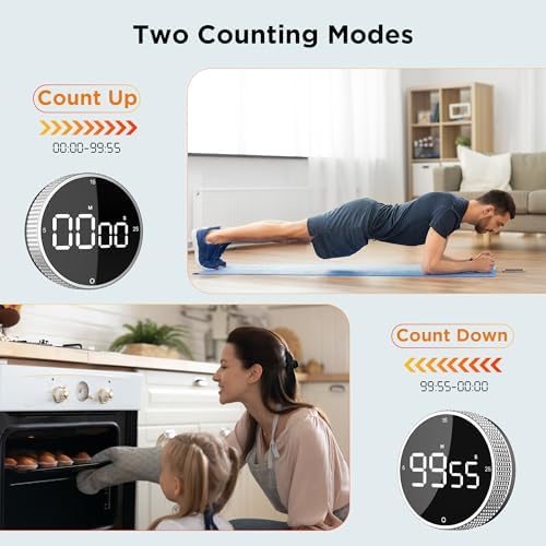 Digital Kitchen Timer - Magnetic Countdown Count Up Clock with Large LED Display, 5/15/25 Min Presets, 3 Volume Levels, Rotary Dial for Cooking, Productivity, Classroom, Fitness (1, Silver)