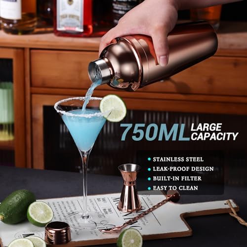 Cocktail Shaker Set Bartender Kit with Stand, 12 Piece Bar Set Drink Mixer Set with Stainless Steel Bar Accessories Tools: 25oz Martini Shaker Jigger Strainer Spoon Muddler for Cocktails (Rose Gold)