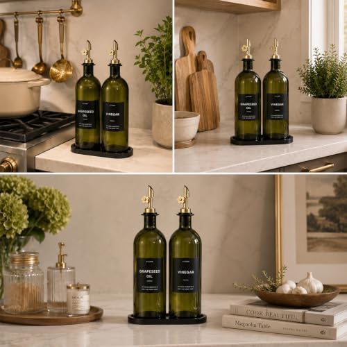 Olive Oil Dispenser for Kitchen, 2-Pack 16oz Glass Bottle with Black Labels