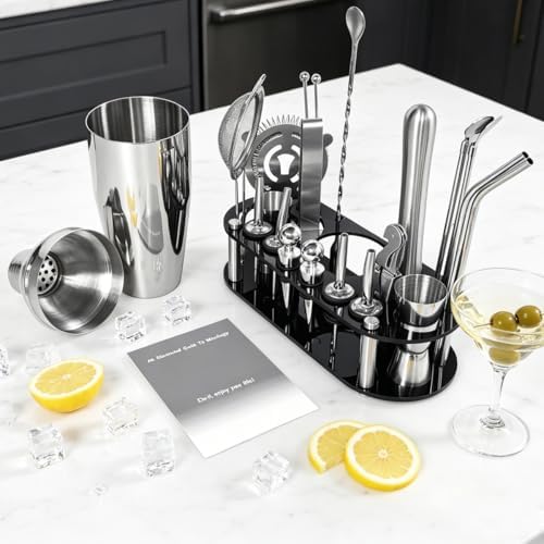 22-Piece 25oz Cocktail Shaker Set, Bartender Kit with Stand, Jigger for Bartending Kit, Bar Set Cocktail Shaker Set, Drink Mixer Set, Cocktail Set Recipe Home, Bar, Party (Stainless Steel)