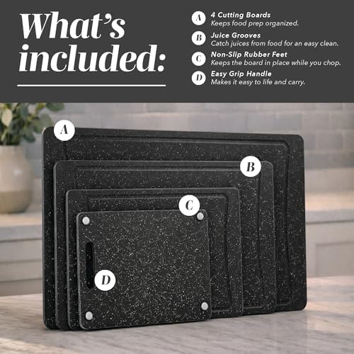 COOK WITH COLOR Non-Slip Cutting Board Set – Kitchen Essentials with Easy Grip Handle for Meat, Veggies, and Fruits, 4 Cutting Boards, Black